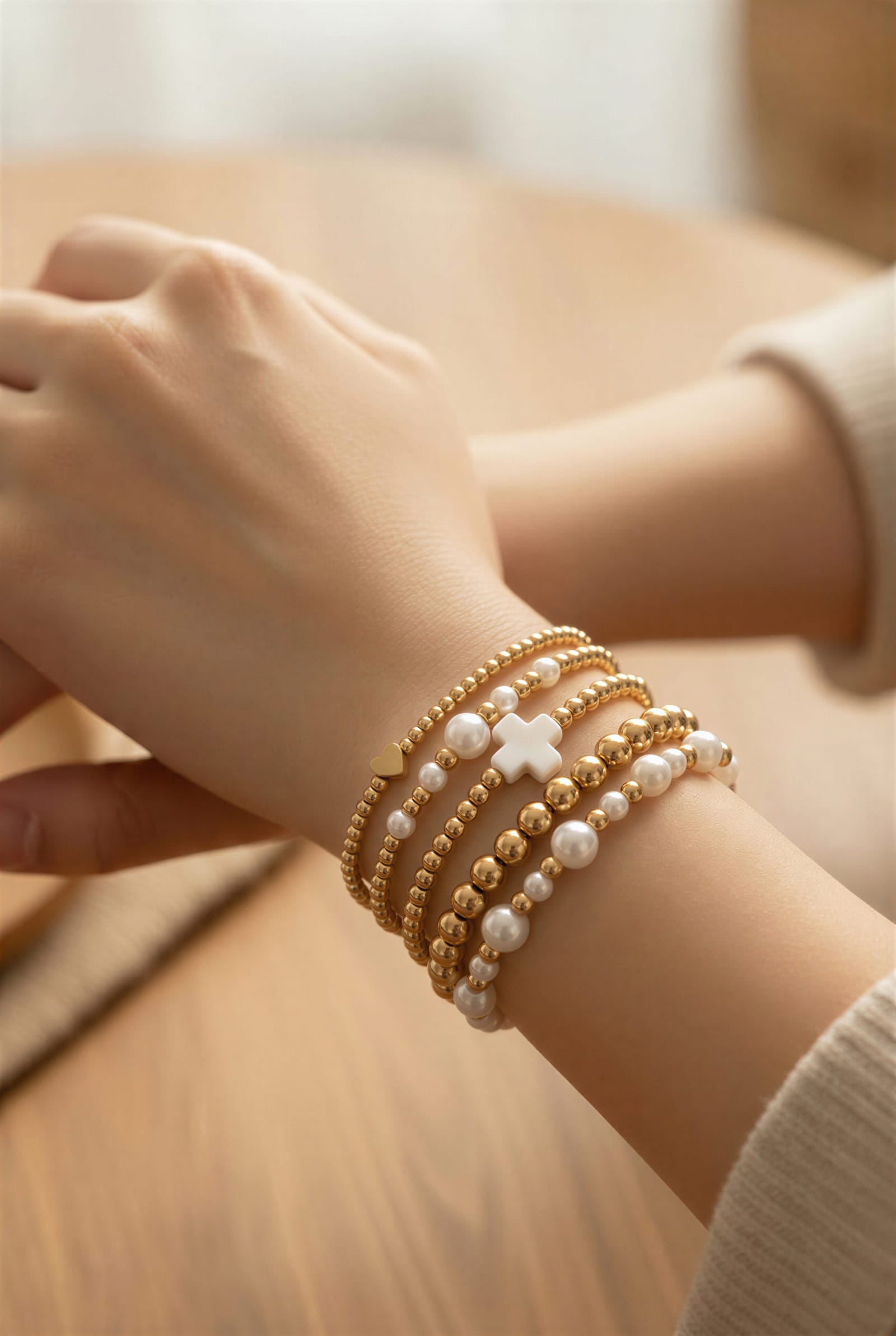 Gold Beaded Stretch Bracelet — view 3